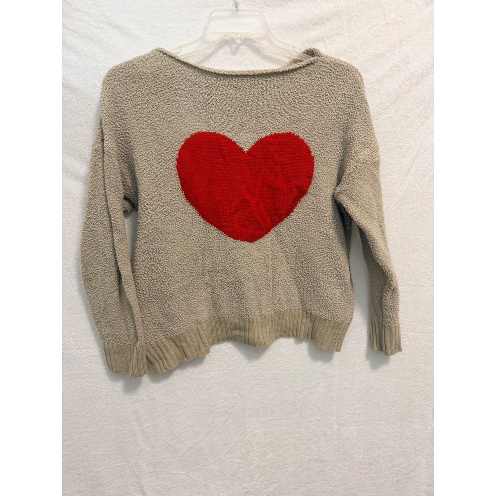 BiBi Popcorn Knit Heart Sweater Tan Beige Red Heart Pullover Size S P4840